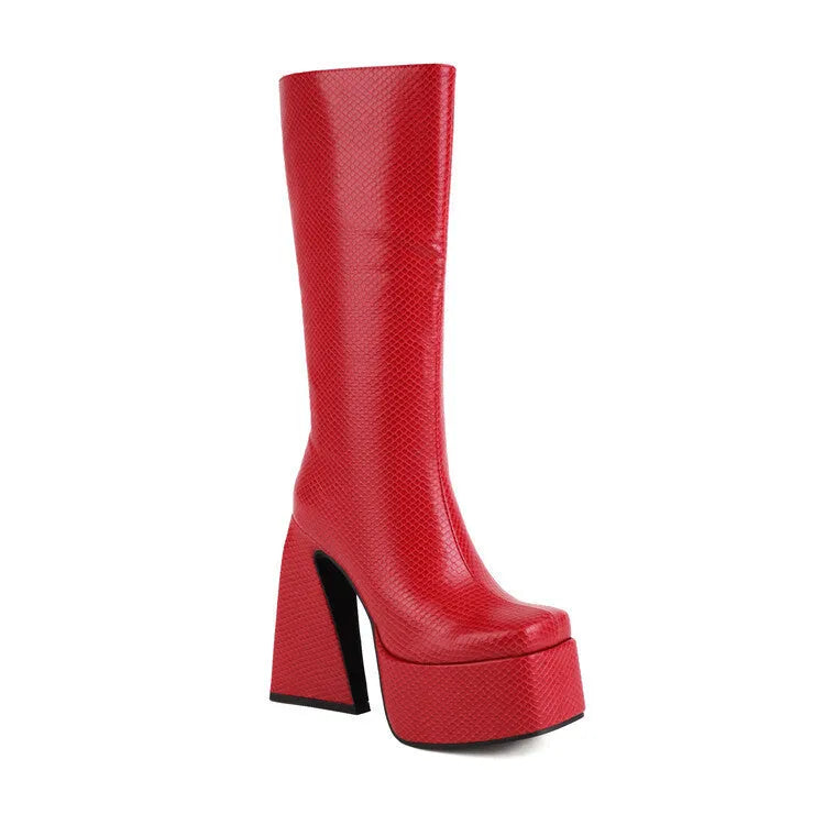 Women's black synthetic PU casual high boots shown alongside red, blue, white, and green colour options