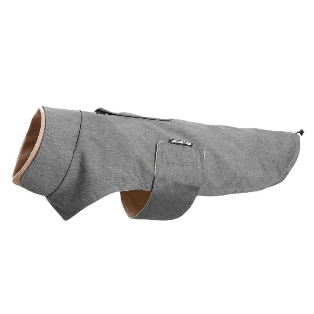 Cold-proof grey polyester dog vest for medium large breed on mannequin