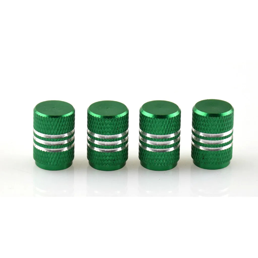 Set of aluminium alloy colour car tyre valve caps in various colours including red, blue, silver, and gold