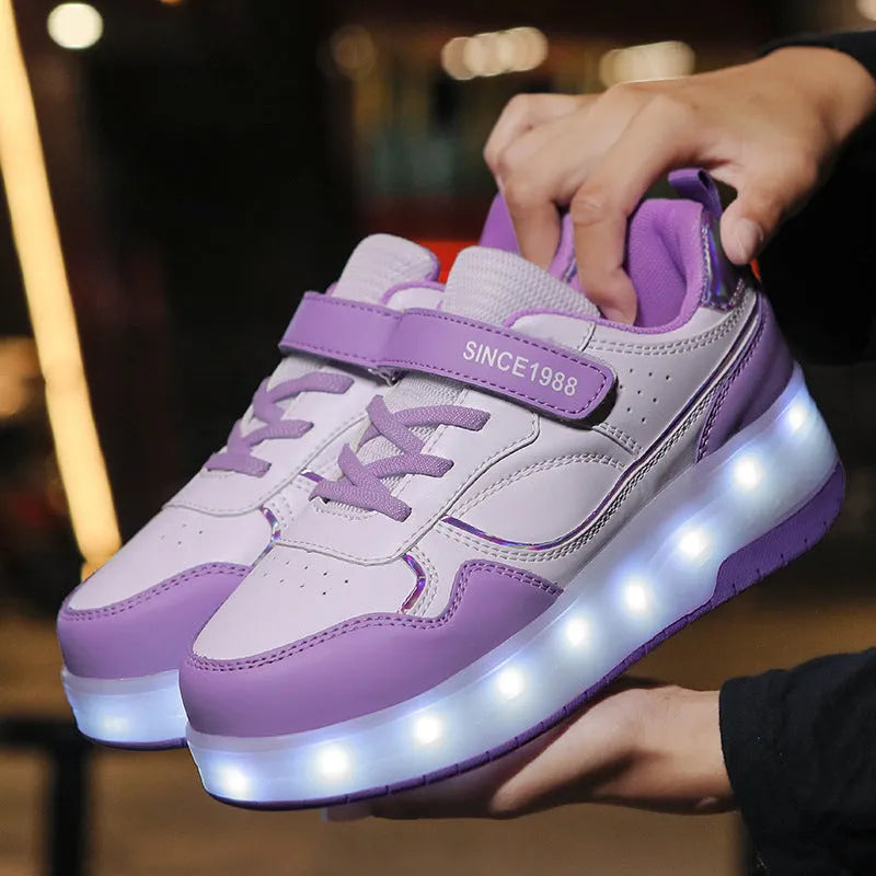 Children's LED flash roller skates in black, pink, purple, and white, showing 2-wheel and 4-wheel options.