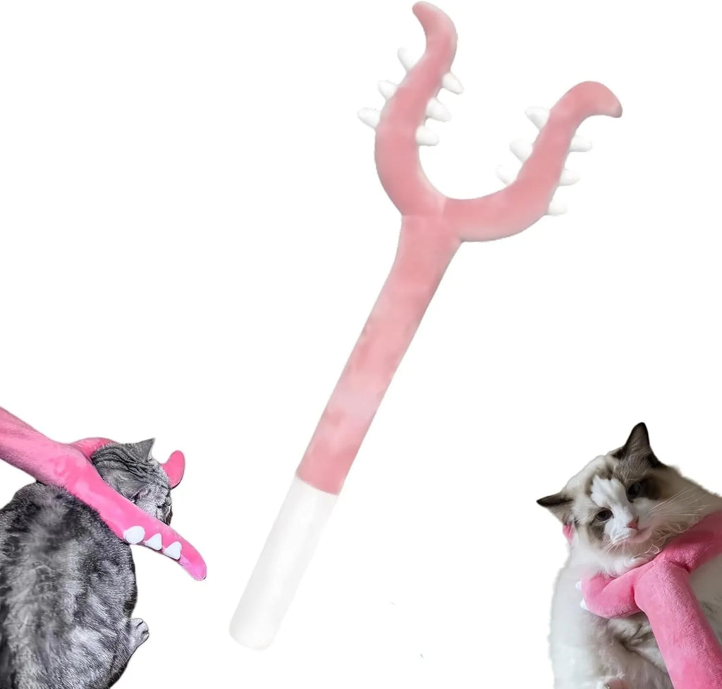 Blue plush cat wand toy with foam-filled front section, 70cm length