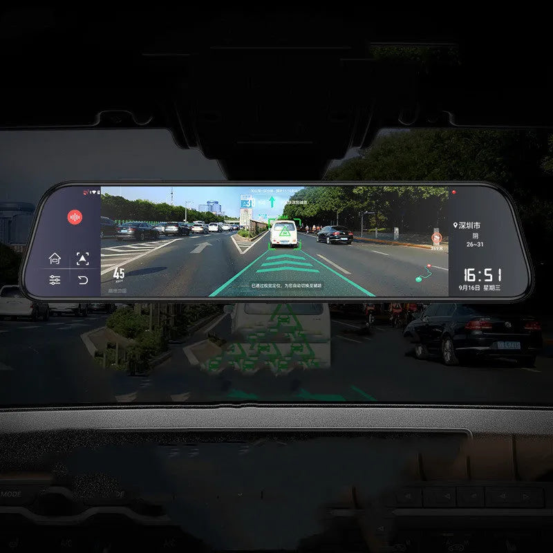 12-inch rearview mirror car tachograph with touchscreen display and dual cameras for front and rear recording