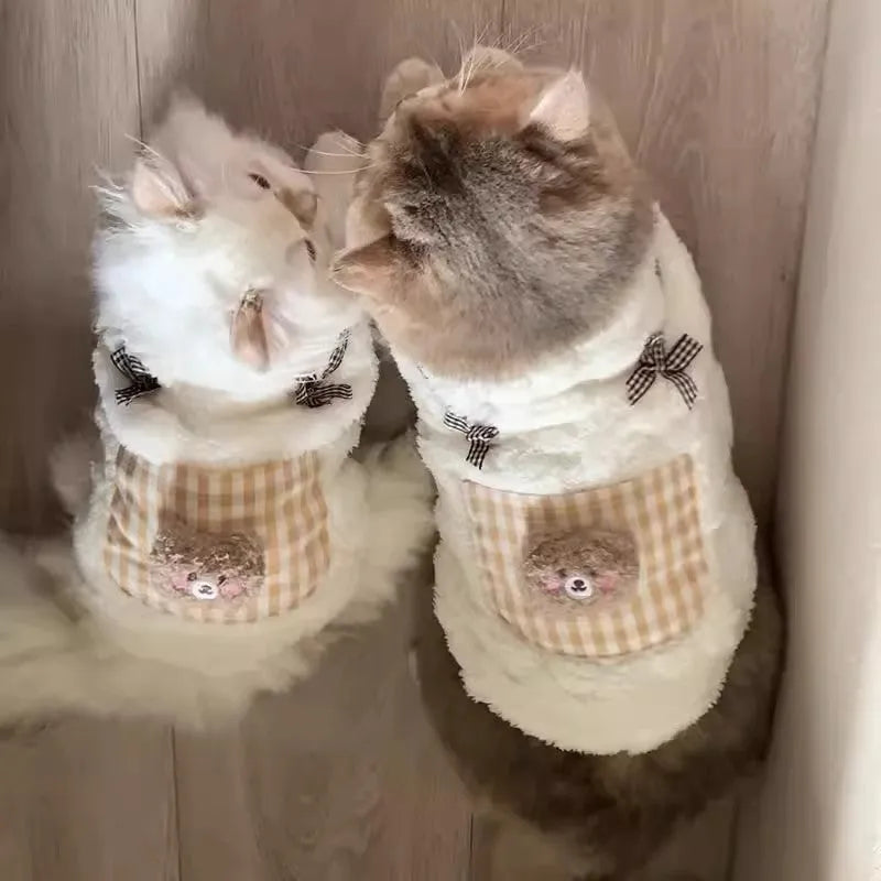Cat wearing Blue Bear fleece clothing for autumn winter anti-shedding warm pet wear