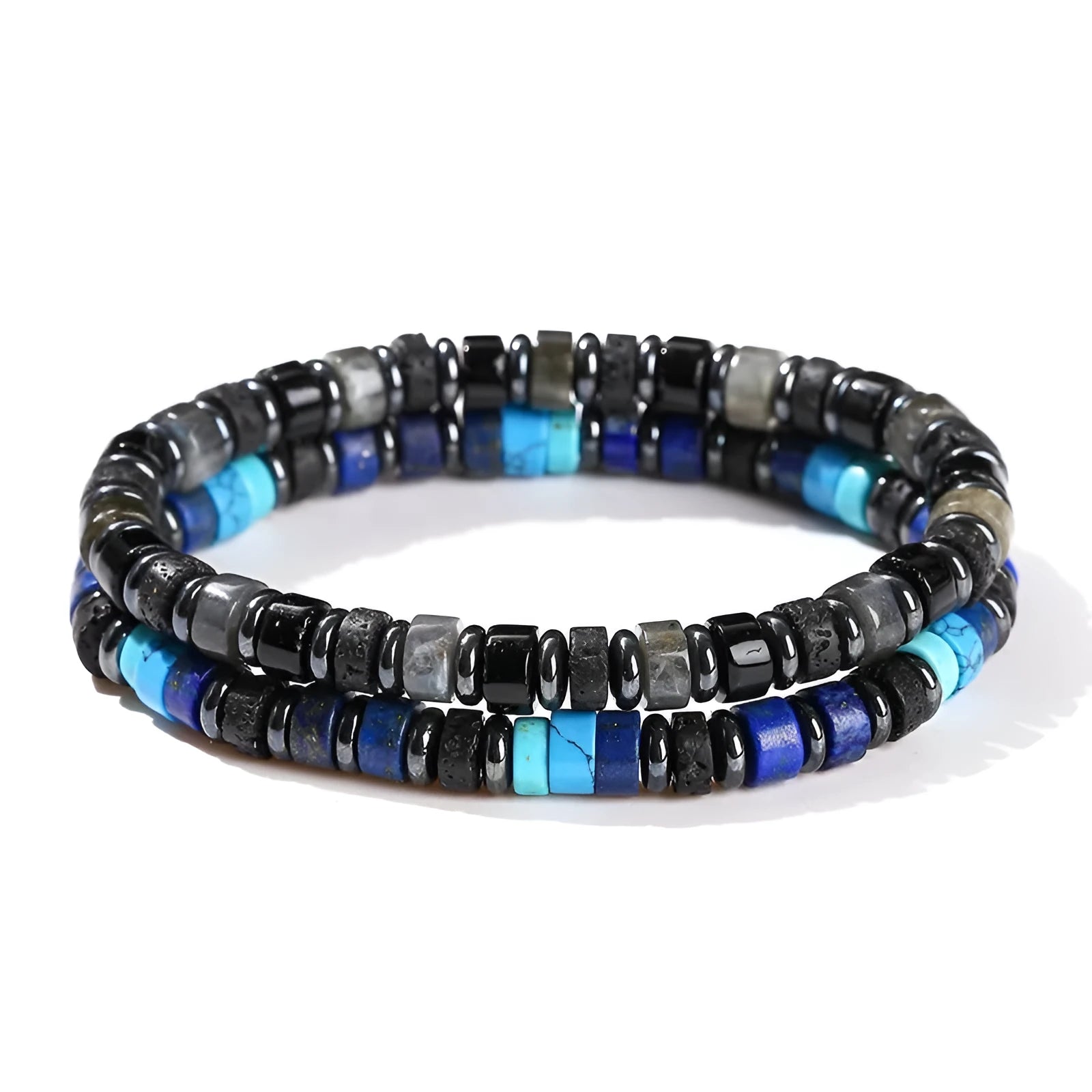 Unisex haematite bracelet with 6mm geometric spacer beads and blue pine lapis lazuli interval stones.