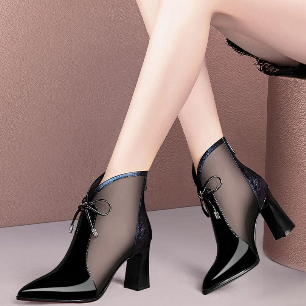 Patent leather mesh high heel boots in burgundy with pointed toe and back zipper