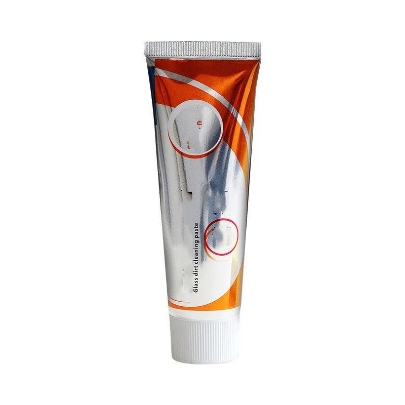 Car windshield cleaning agent tube with white paste for removing oil stains from automotive glass