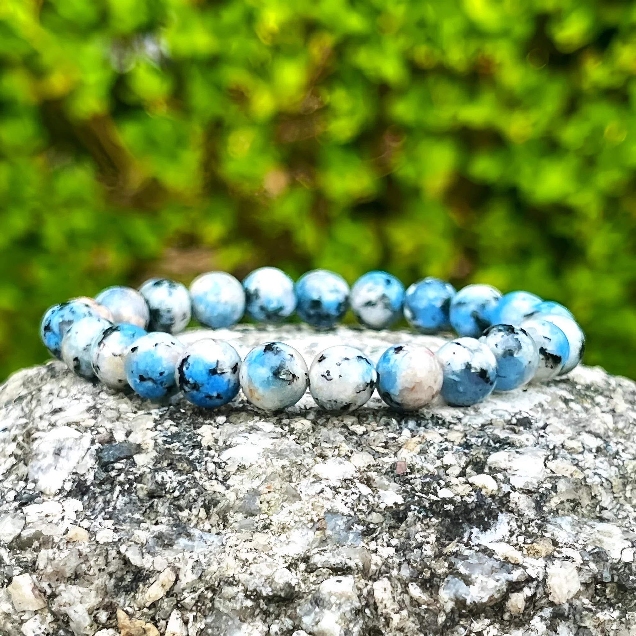 Handmade geometric K2 azurite stone bracelet showing blue-green beads in new Chinese minority style