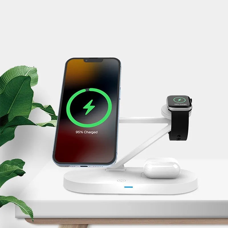 Black wireless charging station showing phone, Apple Watch and AirPods case charging simultaneously