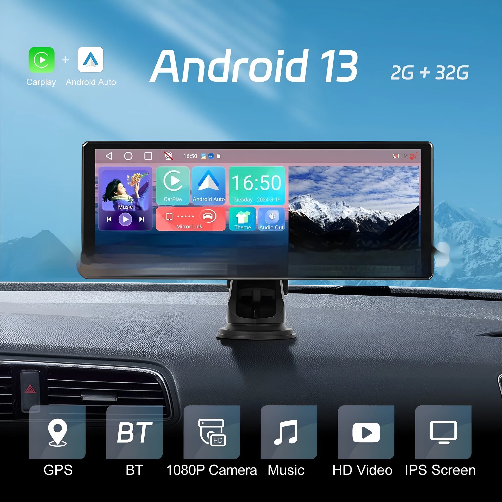 11.3-inch Android car display screen with touch interface shown on a car dashboard