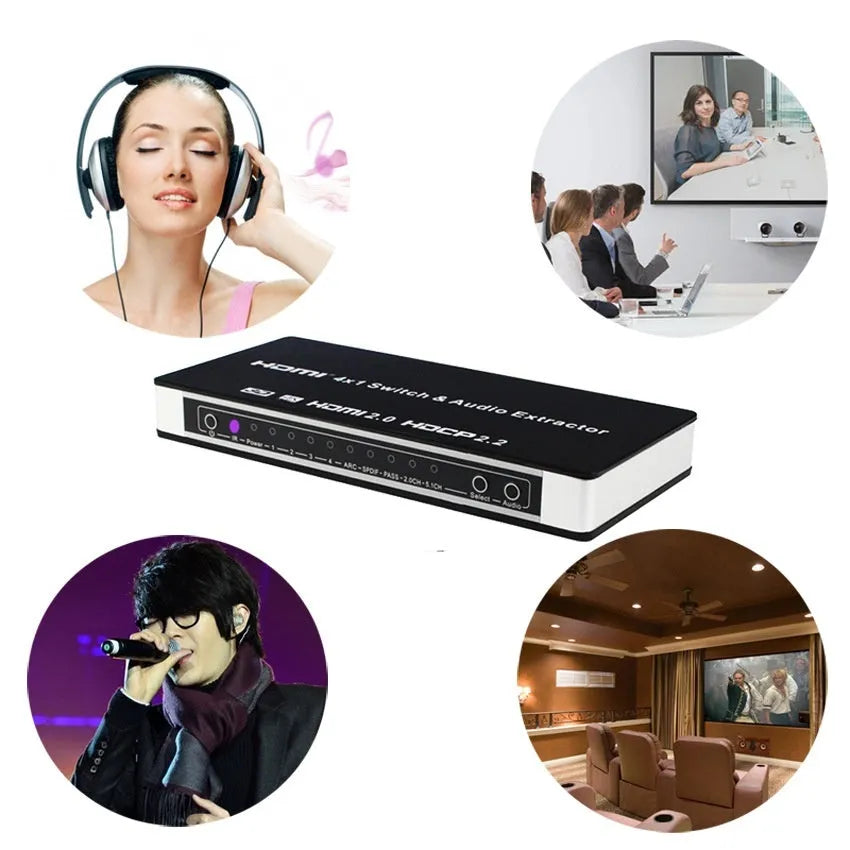 Black HDMI video switch with four input ports, remote control, and 10-metre cable for audio-visual setups