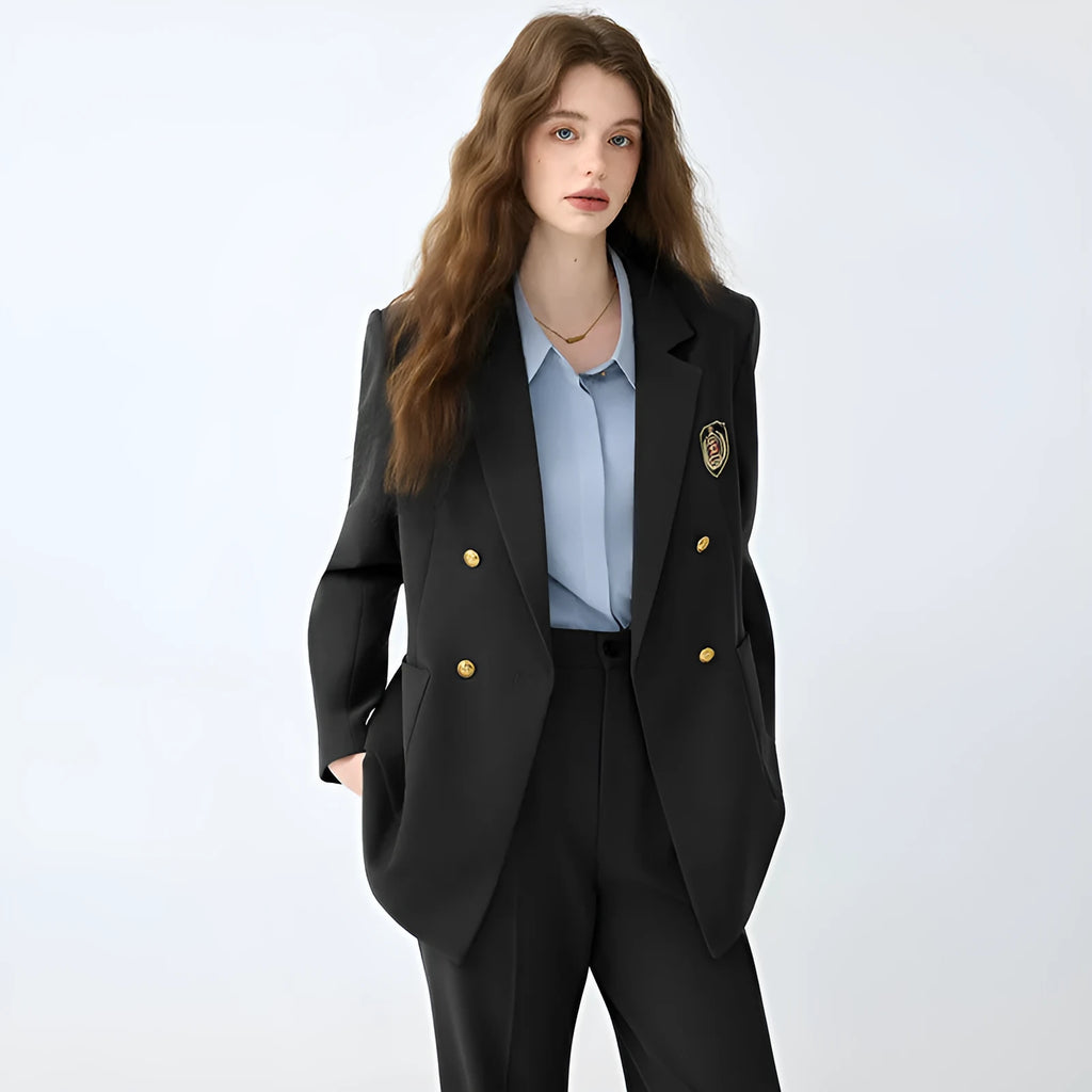 Women's black casual blazer set with long sleeves, solid colour polyester fabric, and matching trousers
