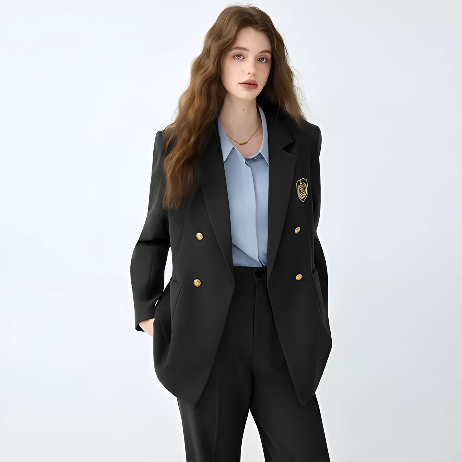 Women's black casual blazer set with long sleeves, solid colour polyester fabric, and matching trousers