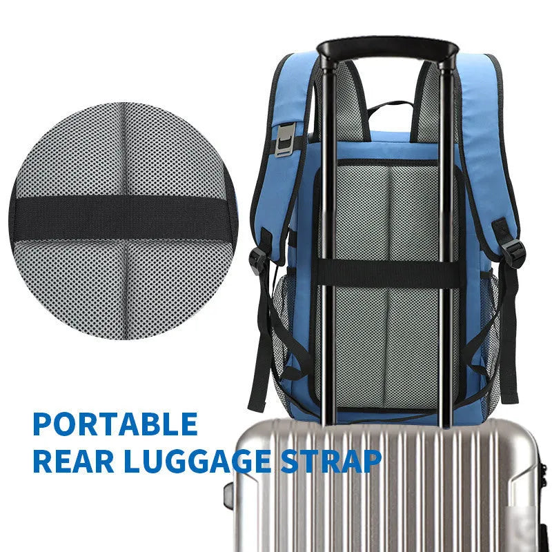 Insulated 20 litre backpack with a shoulder strap mounted bottle opener in black, blue, pink, or red.