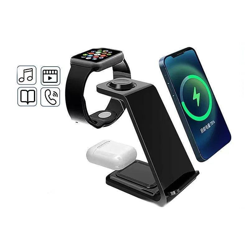 Black and white 3-in-1 upright wireless phone charger stand on a desk.