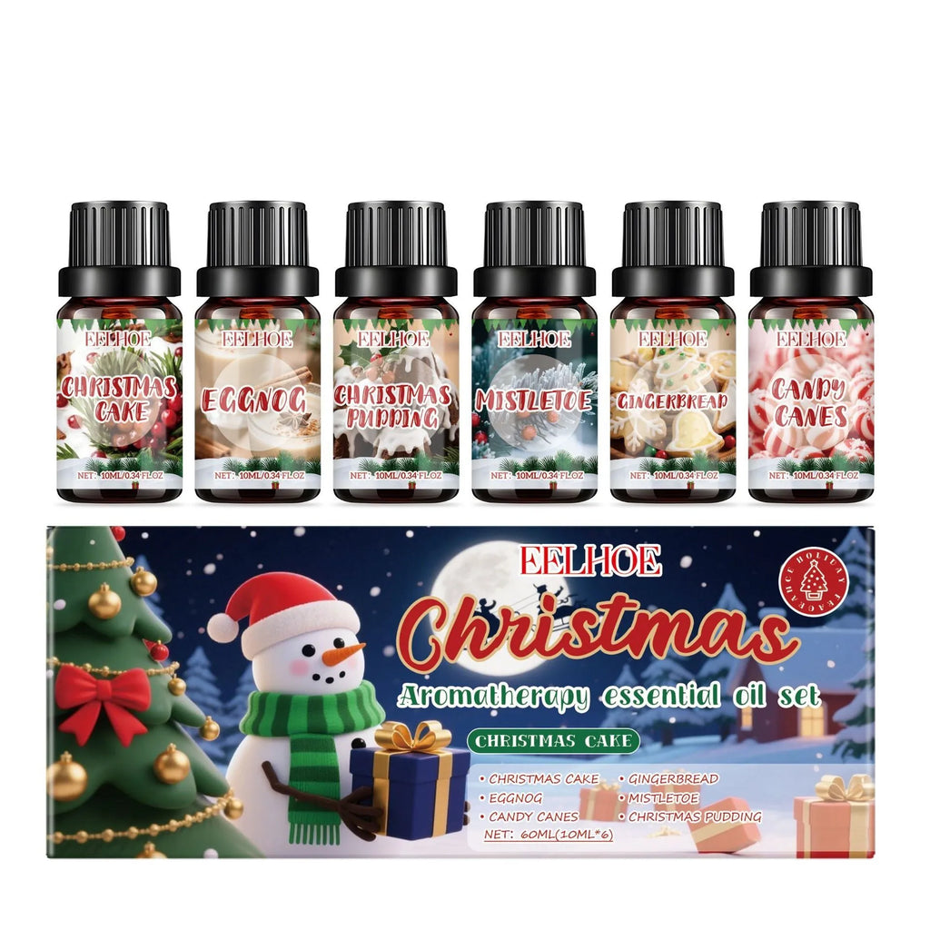 Christmas aromatherapy oil set showing six glass bottles with two size options