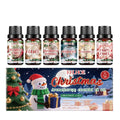 Christmas aromatherapy oil set showing six glass bottles with two size options