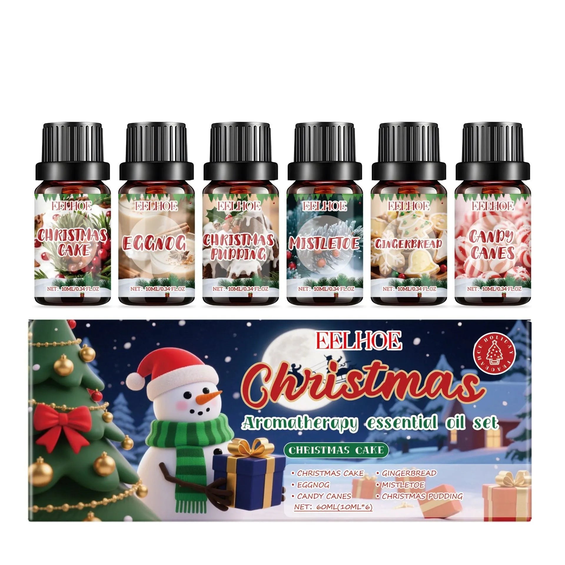 Christmas aromatherapy oil set showing six glass bottles with two size options
