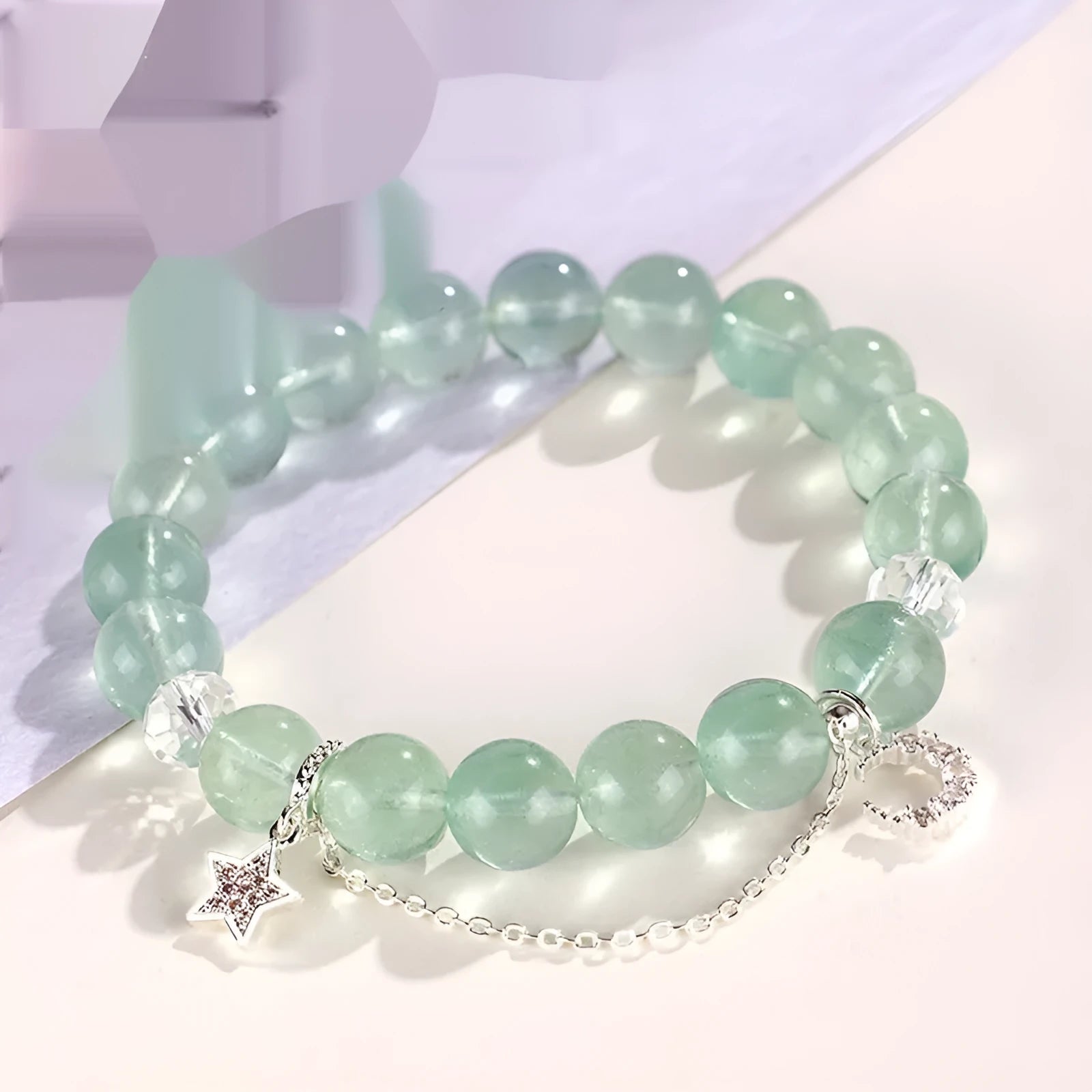 Green fluorite bracelet with star moon charms and white crystal stones in Korean jewellery style