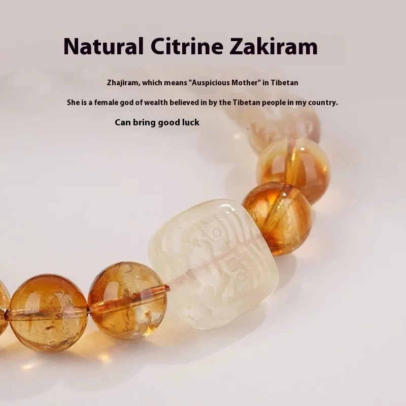 Women's carved citrine bracelet with geometric ethnic patterning, 10mm crystal construction