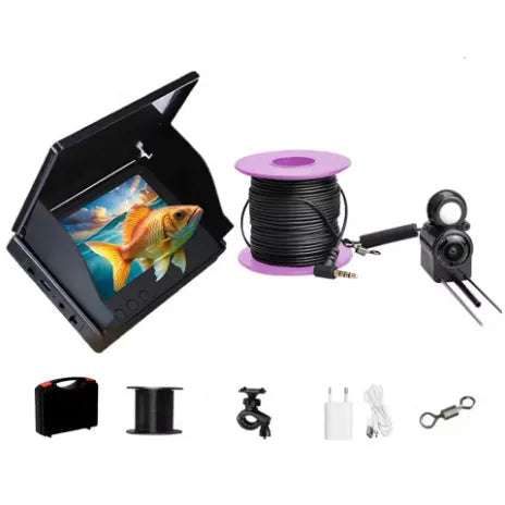 Underwater HD fish finder camera system with screen, featuring a wide-angle lens, night vision lights, and temperature sensor.
