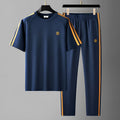 Men's blue ice silk style short sleeve suit set with top and trousers for sports wear