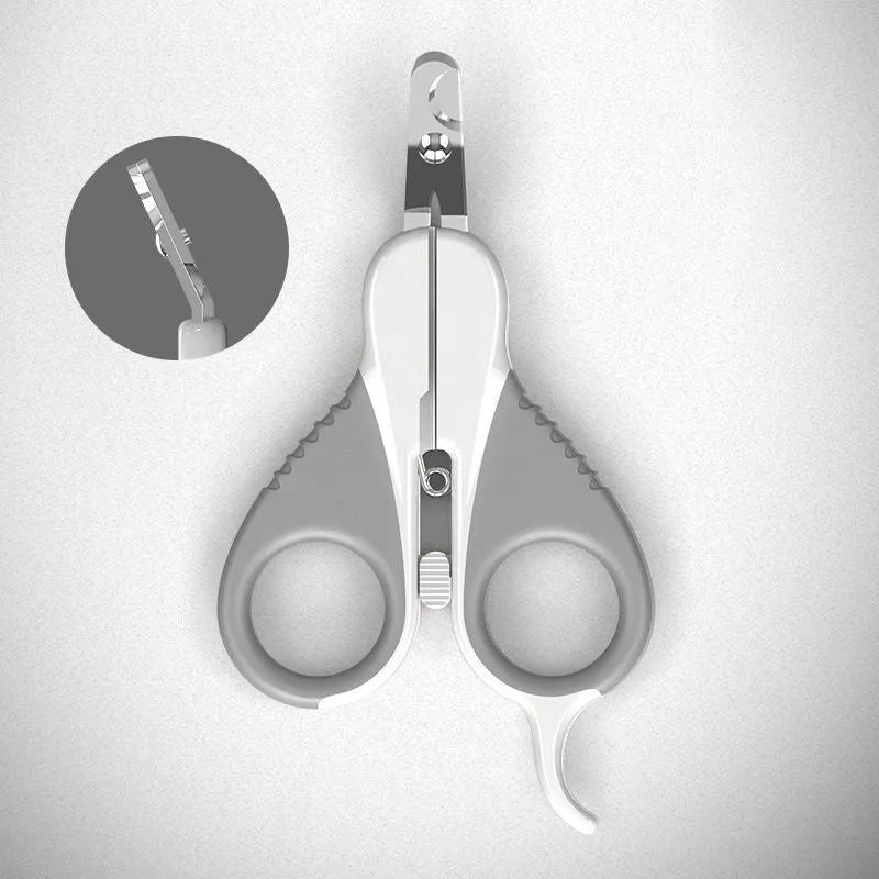 Grey and pink cat nail clippers with angled blade and safety guard for small pets