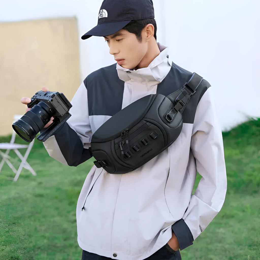 Waterproof Oxford cloth camera shoulder bag shown in black, grey, and green colour options.