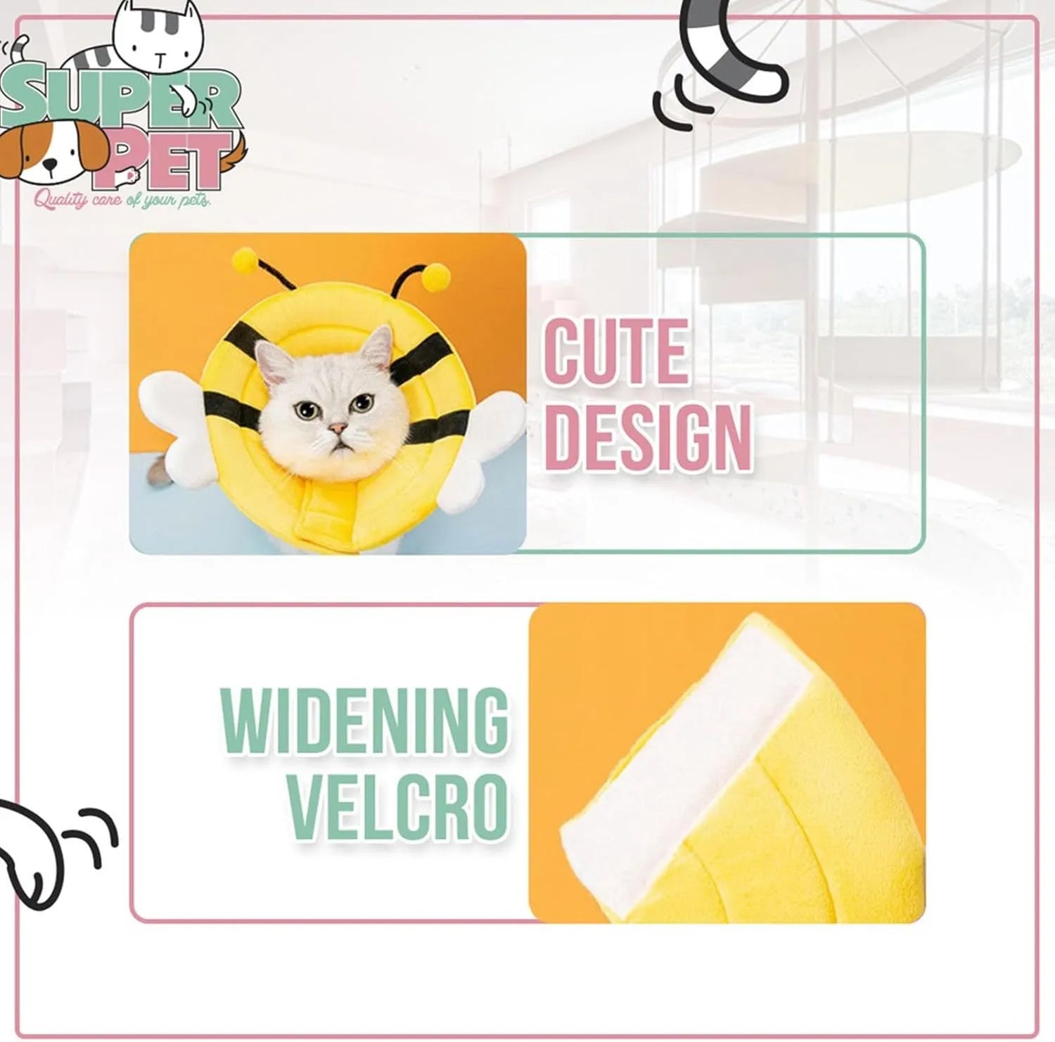 Soft bee design cat cone collar showing adjustable Velcro closure and protective shape