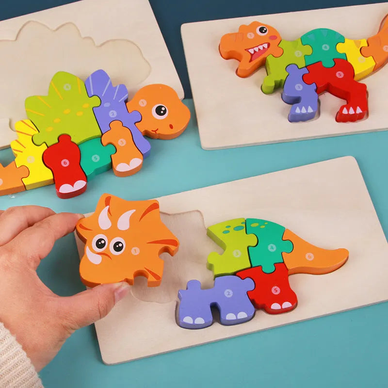 Wooden dinosaur 3D puzzle building blocks for children showing six dinosaur models.