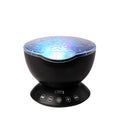 White and blue ocean wave projector LED night light with remote control, measuring 13x12x12 cm