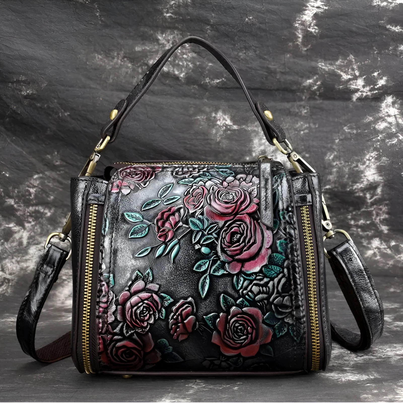 Genuine leather square shoulder bag for women with organised interior compartments