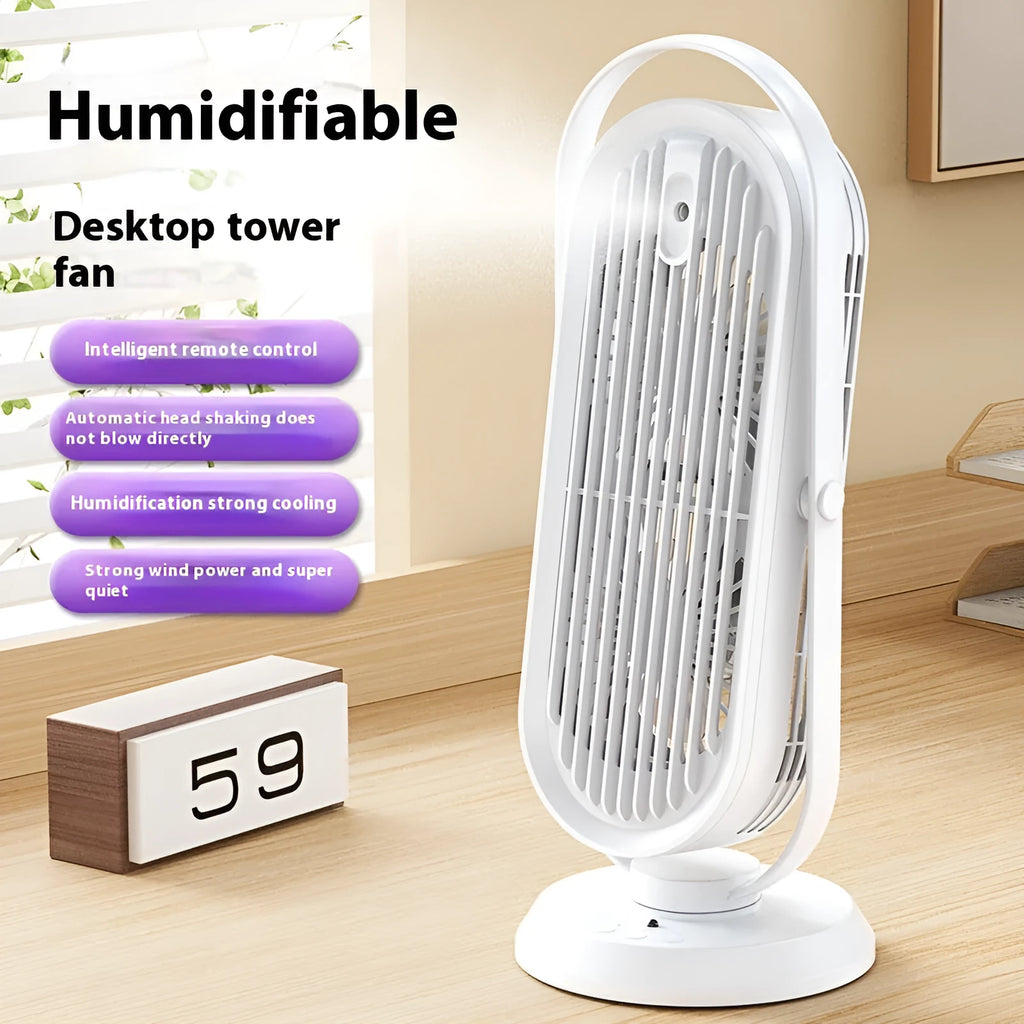 White desktop USB tower fan with humidifier function and remote control on office desk