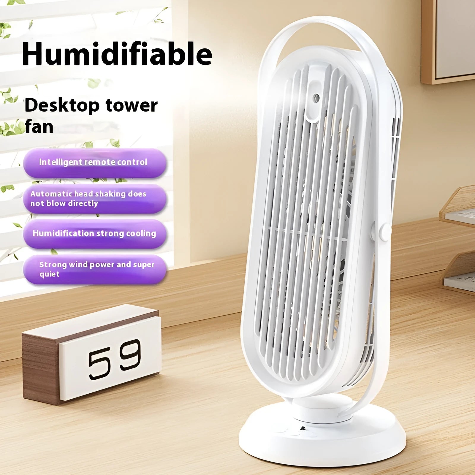 White desktop USB tower fan with humidifier function and remote control on office desk