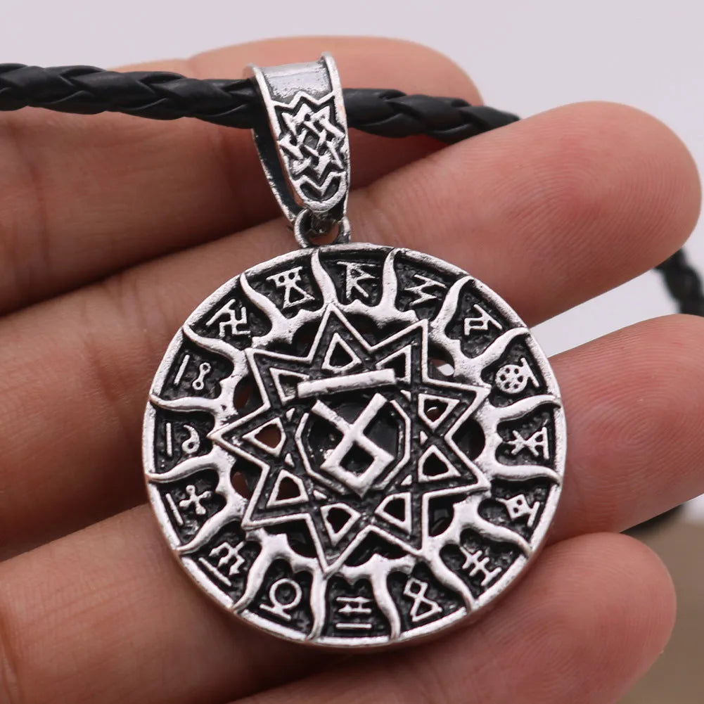 Close-up of Lunavin ODing logo pendant on an antique silver snake bones chain with leather rope alternative.