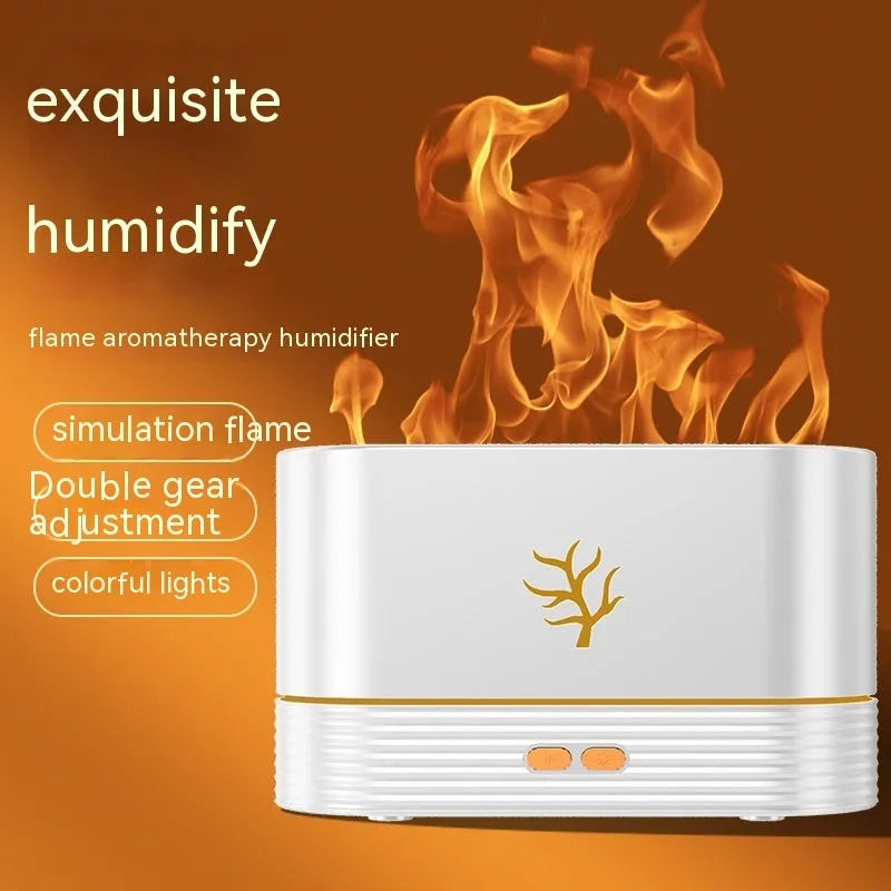 Square white LED flame humidifier and essential oil diffuser with mist and red fire effect.