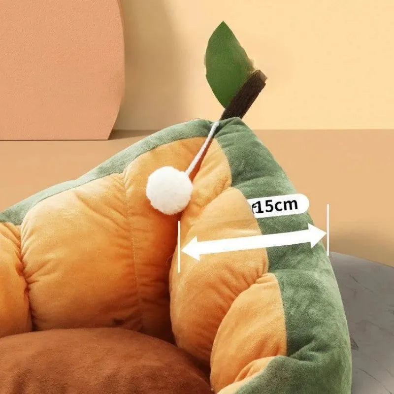 Coffee-coloured cotton pet bed house for a cat, showing plush cushion inside.