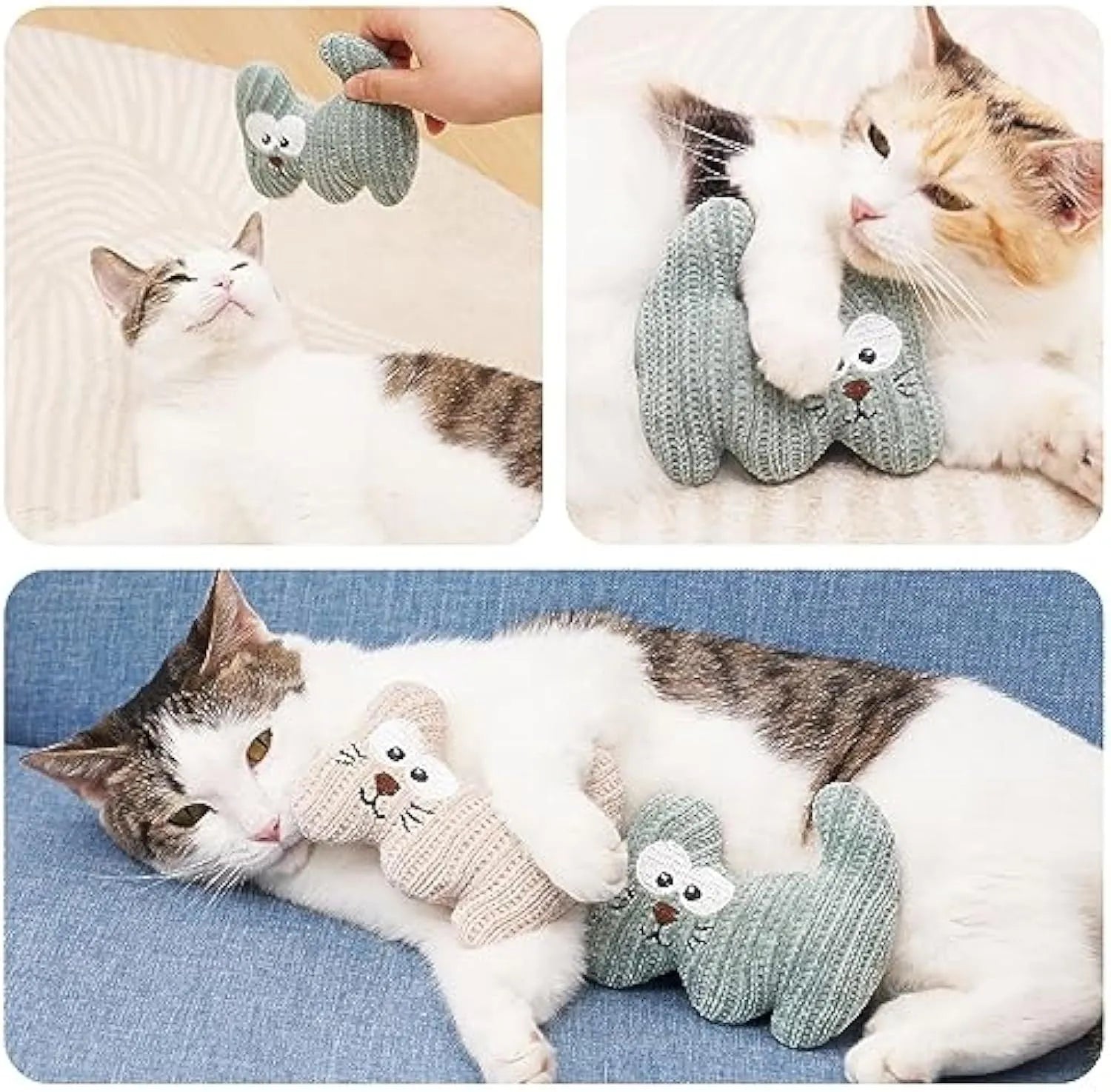 Cyan knitted plush cat toy with organic catnip and bell for chew-resistant play.