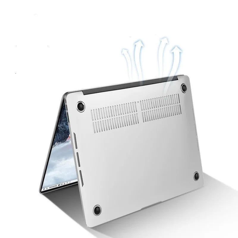 Black PC hard shell protective case fitted on a silver MacBook Pro laptop.