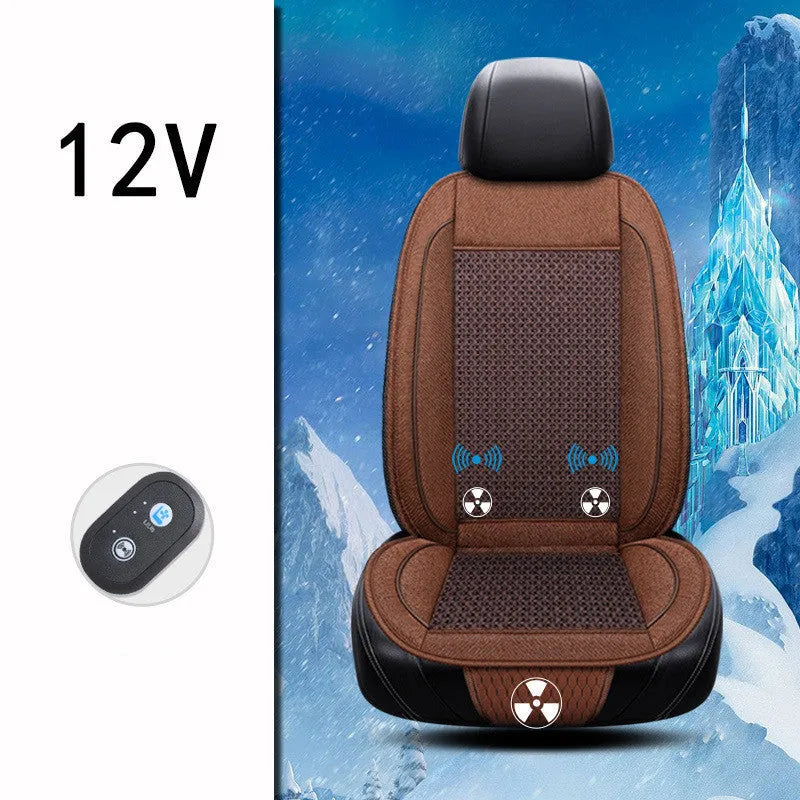 Black car ventilation seat cushion measuring 60x60cm with power cord