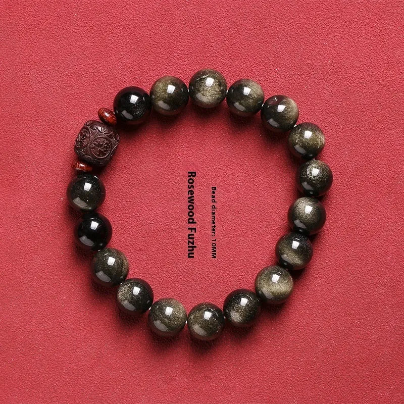 Hand-woven golden obsidian bracelet with 10mm round beads in a vintage style.