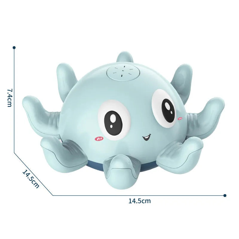 Blue or pink octopus-shaped bath toy that sprays water and flashes lights automatically
