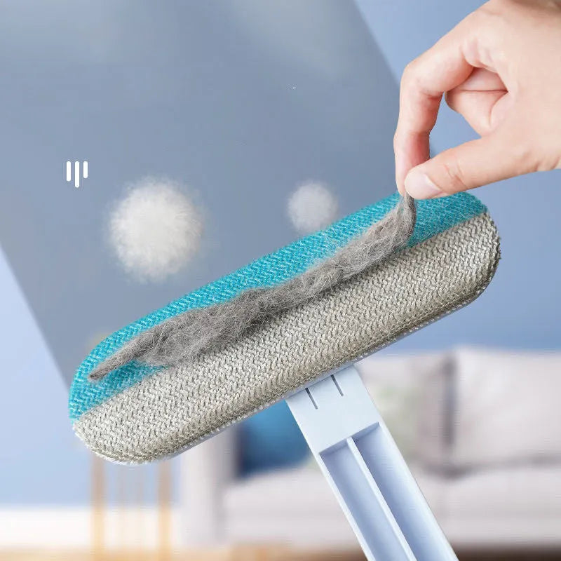 Multifunctional hair removal and window screen cleaning brush with blue flannel head and white plastic handle.