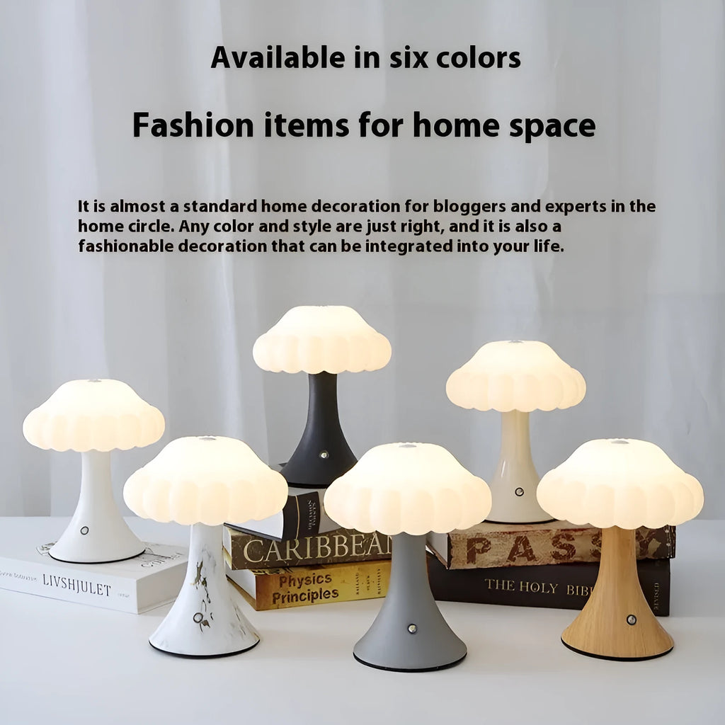Small mushroom-shaped rechargeable night light in wood grain colour with touch control on desk.