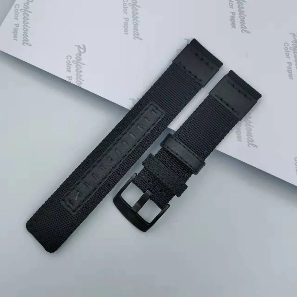 Oxford cloth canvas watch strap shown in multiple colour options including camouflage, with 20mm, 22mm, and 24mm sizing displayed.
