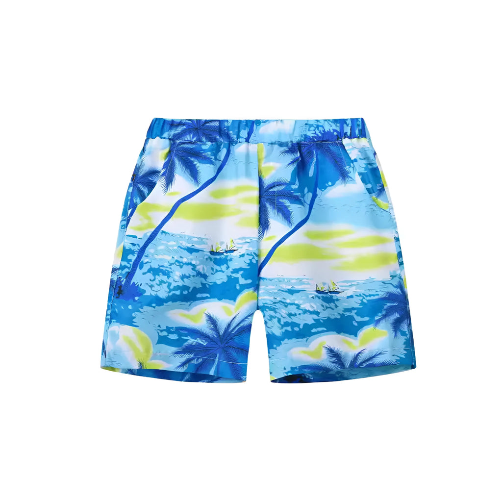 Printed beach shorts with hairband belt waist in chemical fibre blend fabric showing tropical print designs