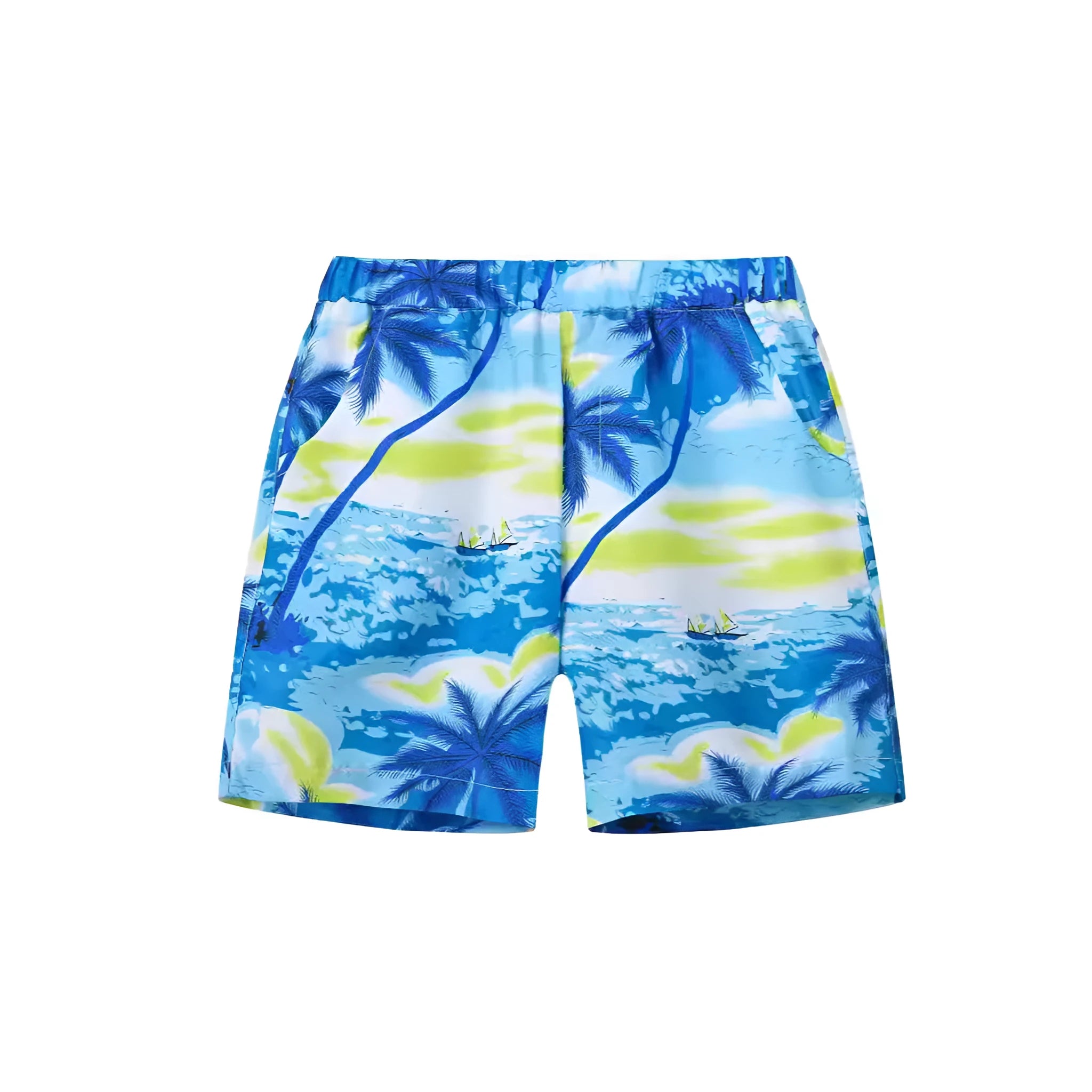 Printed beach shorts with hairband belt waist in chemical fibre blend fabric showing tropical print designs