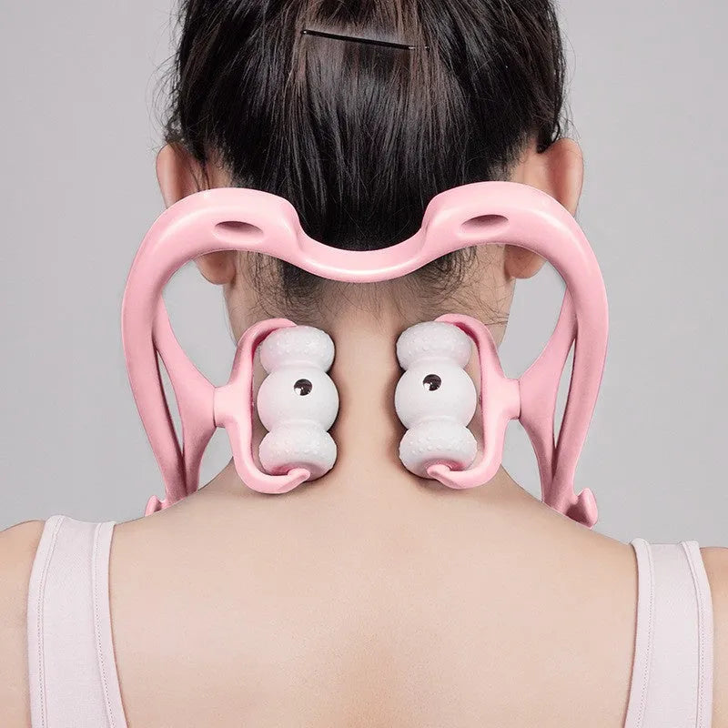 Blue handheld neck massager with 96 pressure point rollers showing 360-degree rotation mechanism
