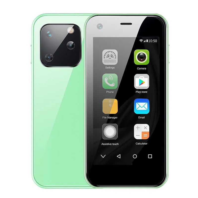 Mini Android smartphone with 2.5-inch screen showing home screen interface