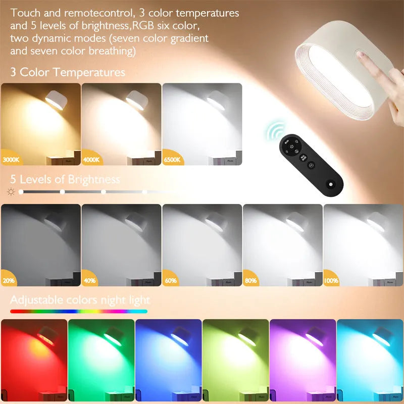 Oval white remote control magnetic wall lamp with USB charging cable on a plain background.