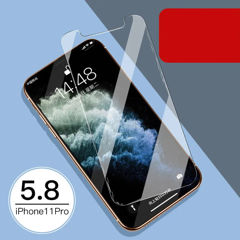 iPhone tempered glass screen protector set showing front and rear films for 11, X, and XR models.